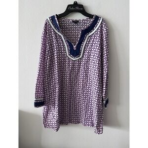 Talbots Woman Tunic Top Blue Geometric 3/4 Sleeve Popover Tunic Top Size L